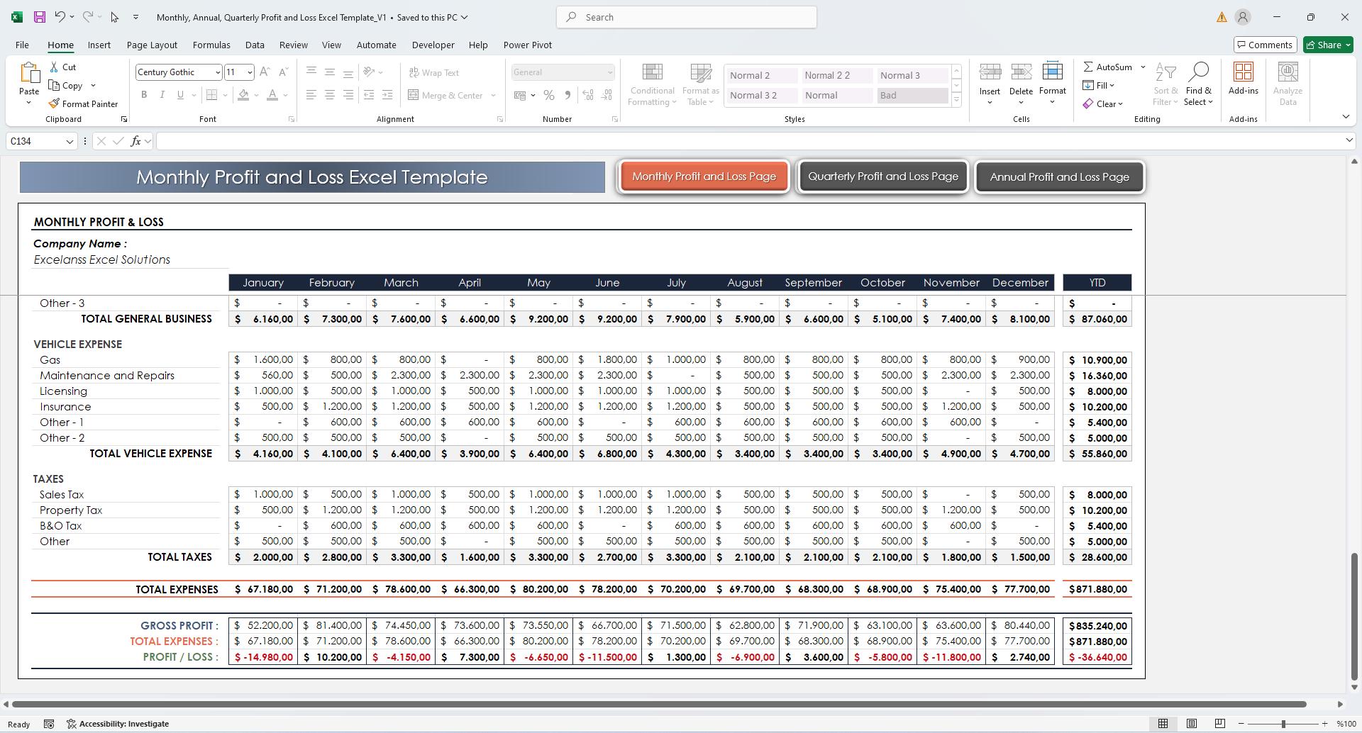 Profit And Loss Statement Excel Template Monthly Quarterly Annual 