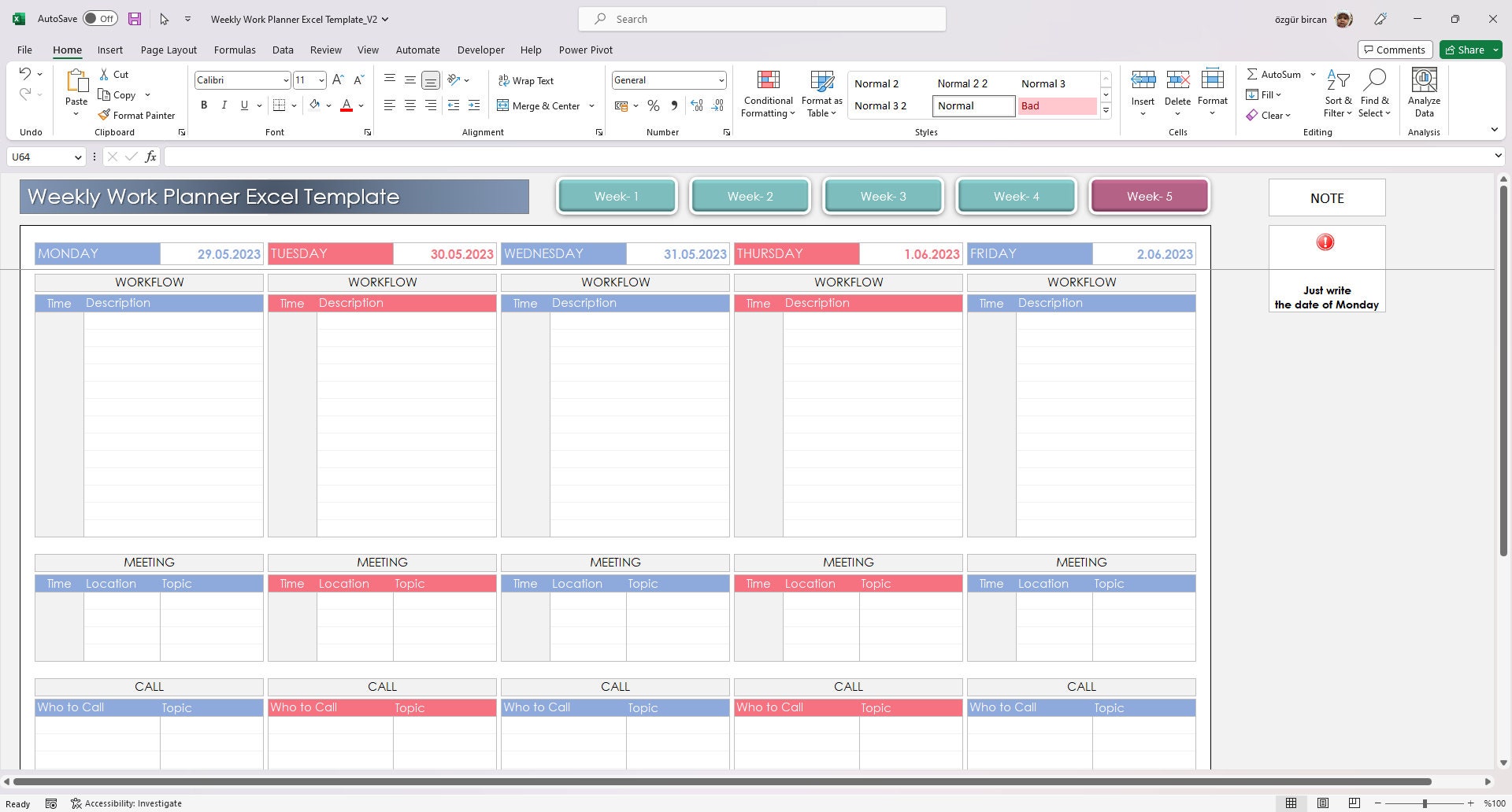 Excel Week Task Planner Weekly Work Planner Excel Template: Work Schedule & Task Tracker for 5 ...
