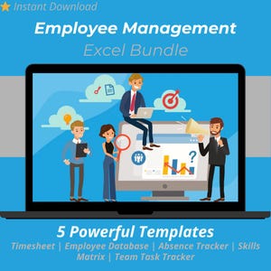 May include: A laptop screen shows an "Employee Management Excel Bundle" graphic with cartoon figures. The image includes the text "Instant Download" and "5 Powerful Templates" with a list of templates.