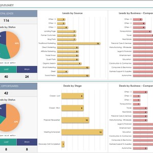 Excel spreadsheet for business CRM and lead tracking with graphs