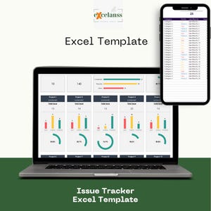 Puede incluir: Un portátil que muestra una plantilla de Excel con visualizaciones de datos y gráficos. Un smartphone muestra una lista con niveles de prioridad. El texto "Excel Template" y "Issue Tracker Excel Template" son visibles.