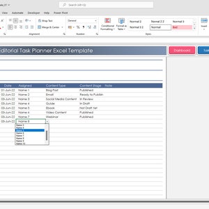 K&ouml;nnte beinhalten: Ein Screenshot eines Tabellenkalkulationsprogramms mit einer blauen Kopfzeile, die "Editorial Task Planner Excel Template" lautet. Die Tabelle enth&auml;lt Spalten f&uuml;r "Aufgabe", "Datum", "Zugewiesen", "Inhaltsart", "Inhaltsstatus" und "Notiz". Die Tabelle ist mit Daten gef&uuml;llt, darunter Namen, Daten und Inhaltstypen.
