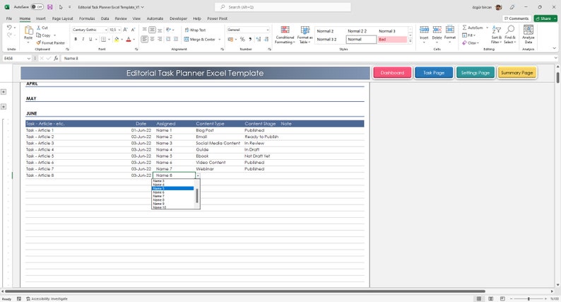 K&ouml;nnte beinhalten: Ein Screenshot eines Tabellenkalkulationsprogramms mit einer blauen Kopfzeile, die "Editorial Task Planner Excel Template" lautet. Die Tabelle enth&auml;lt Spalten f&uuml;r "Aufgabe", "Datum", "Zugewiesen", "Inhaltsart", "Inhaltsstatus" und "Notiz". Die Tabelle ist mit Daten gef&uuml;llt, darunter Namen, Daten und Inhaltstypen.