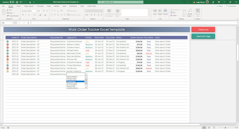 Work Order Tracker Excel Template: Small Business Dashboard (printable ...