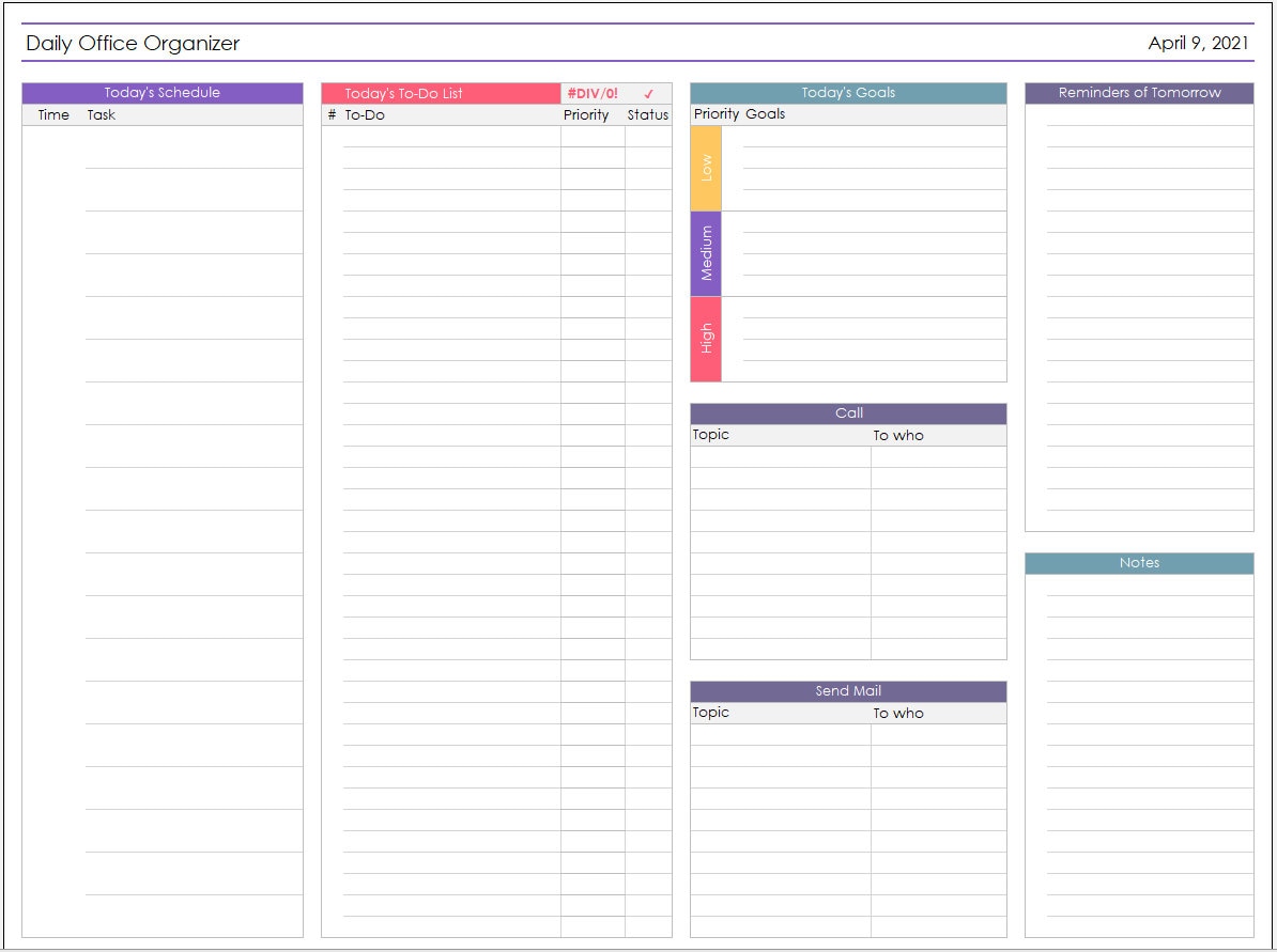 Daily Office Organizer Excel Template Daily Office Planner - Etsy
