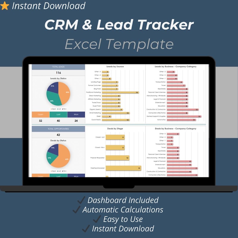 CRM and Lead Tracker Excel template with automatic charts and client data