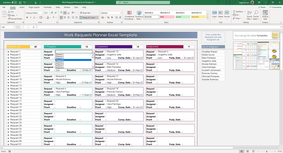 Work Requests Planner Excel Template Work Tracking Chart - Etsy