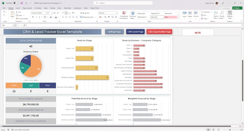 Client management CRM Excel sheet with auto totals and graphs