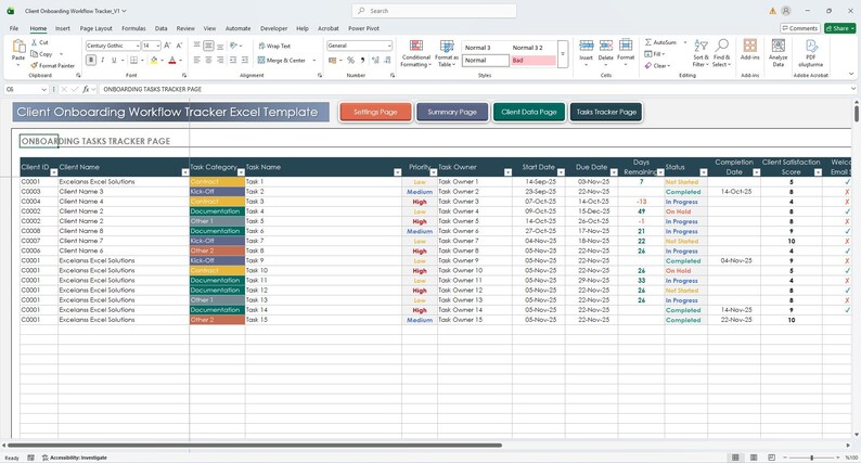 Client database section with contact information and onboarding status