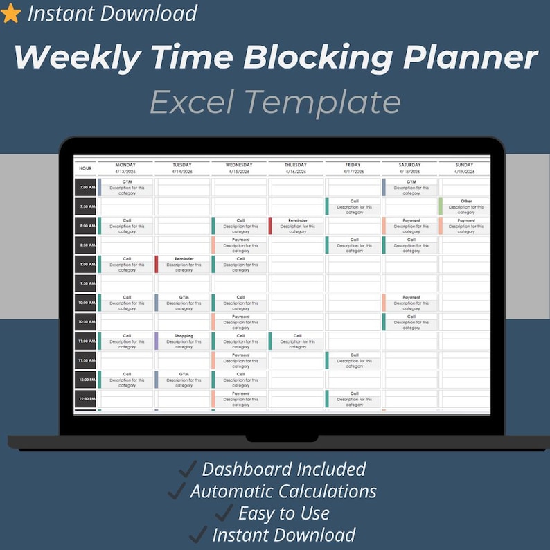 Weekly Time Blocking Planner Excel Template | Productivity Schedule ...