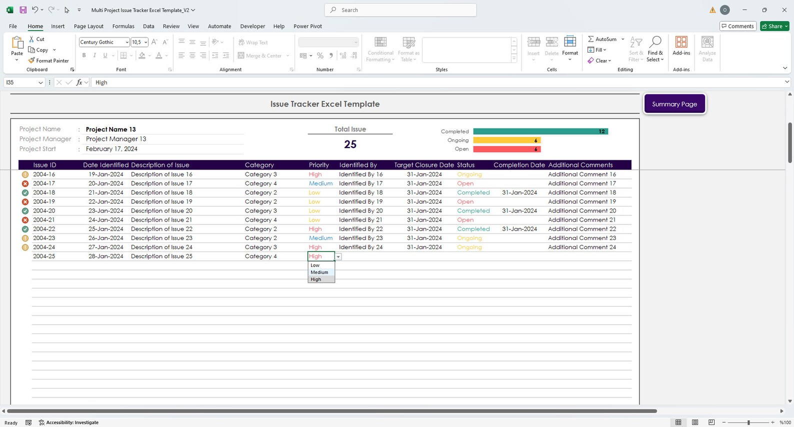 Issue Tracker Excel Template | Multi Project Issue Log & Status ...