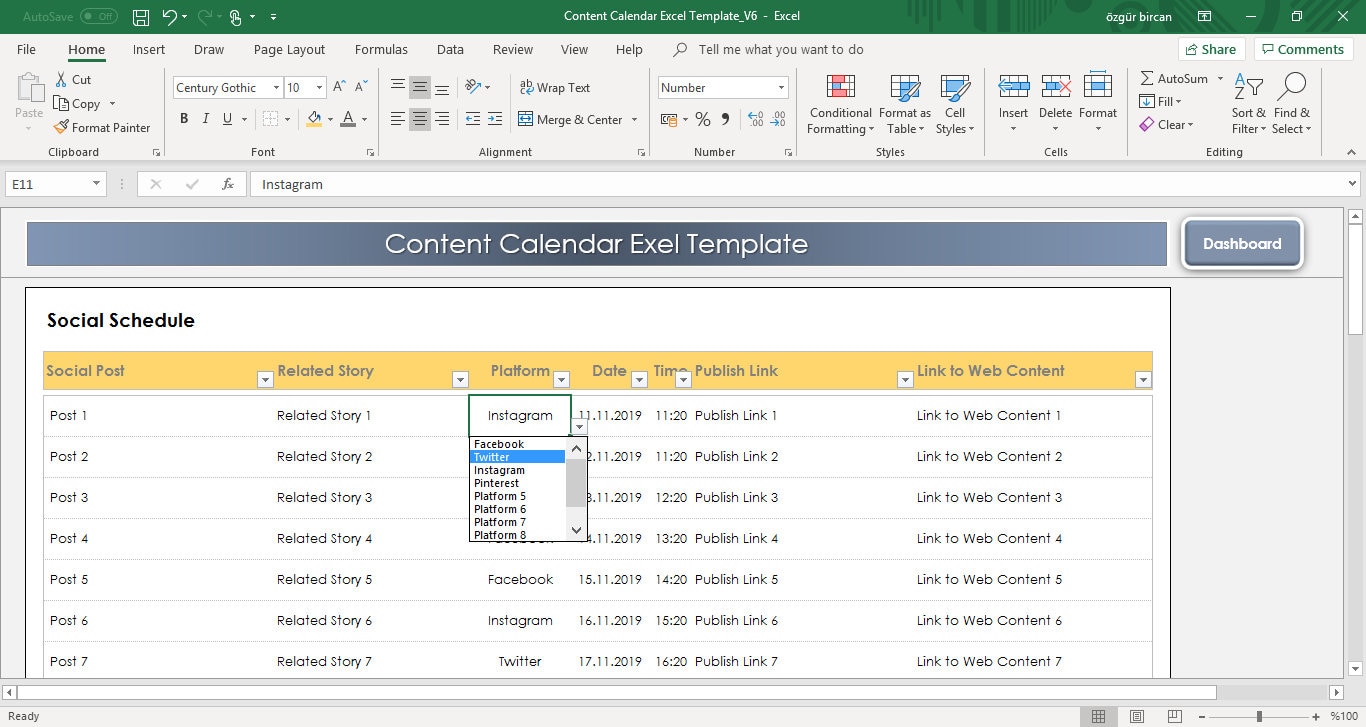 Content Calendar Excel Template Etsy