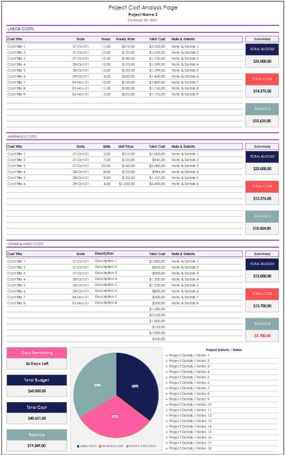 project costing excel template