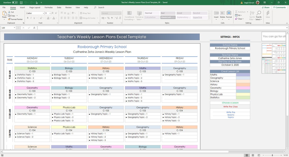 Teacher's Weekly Lesson Plans Excel Template Lesson Etsy
