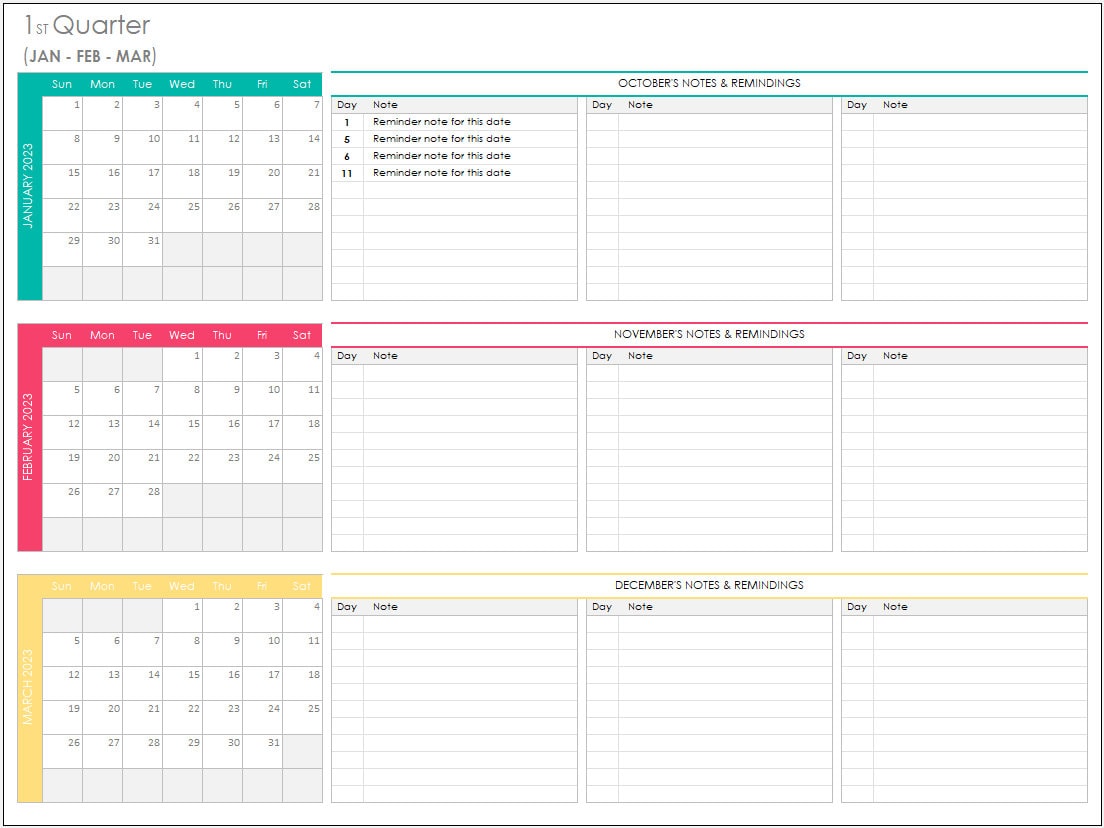 Quarterly Calendar 2023 Excel Template Planner Spreadsheet - Etsy