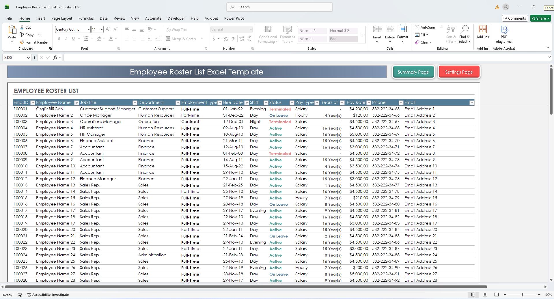 Employee Roster List Excel Template | Staff Directory & Summary ...