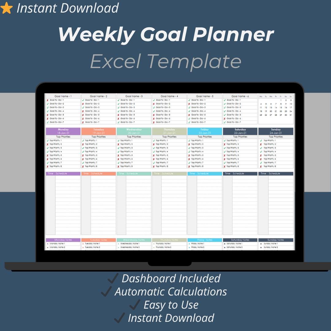 Weekly Goal Planner Excel Template | Goal Setting & Task Tracker ...