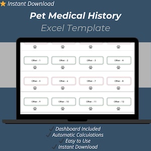 Pet medical history Excel template for tracking vet visits. Veterinary health record tracker for pets in Excel