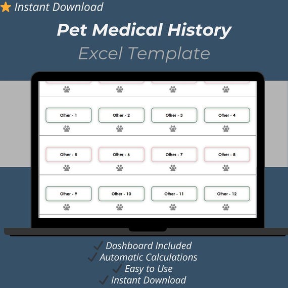 Pet Medical History Excel Template: Health Tracker & Veterinary Records (Digital Download)