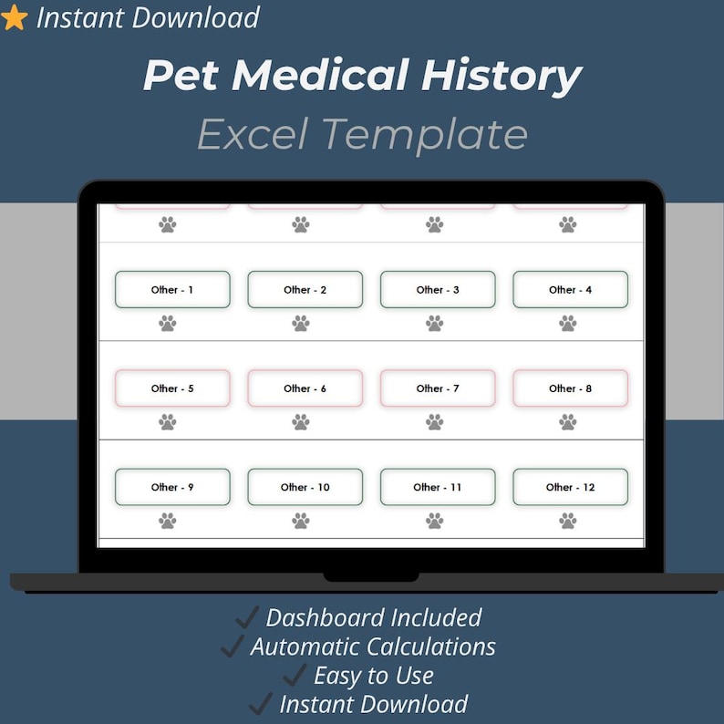 Pet medical history Excel template for tracking vet visits. Veterinary health record tracker for pets in Excel