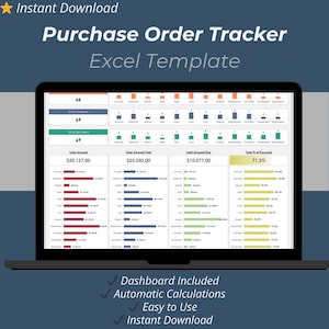 Puede incluir: Una pantalla de portátil muestra una plantilla de Excel para un rastreador de órdenes de compra. La pantalla muestra visualizaciones de datos, incluyendo gráficos y tablas. El texto en la pantalla incluye "Total Amount Due" y "Total % of Payment". La imagen también incluye el texto "Instant Download."
