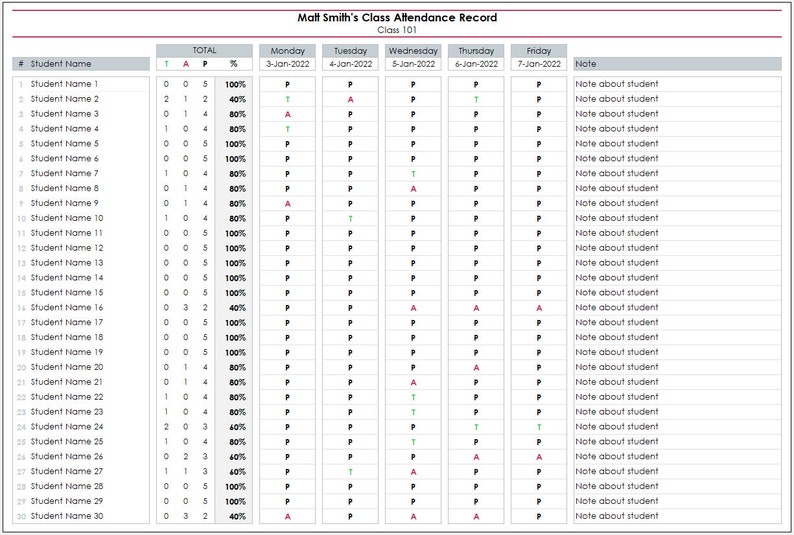 Weekly Class Register Weekly Class Attendance Record Excel Template: Student Absence Tracker ...