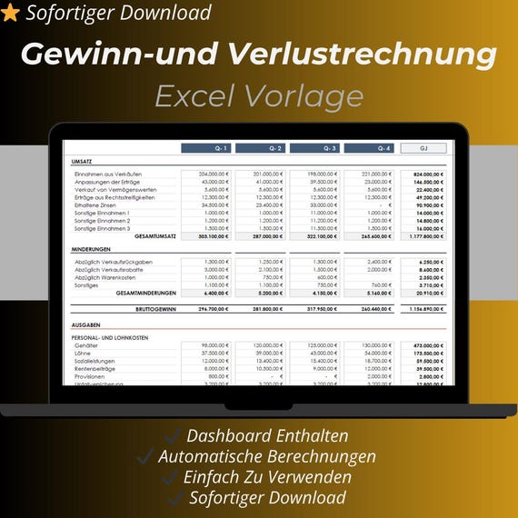 Gewinn- und Verlustrechnung Excel Vorlage | Monatlich, Quartal & Jahresübersicht