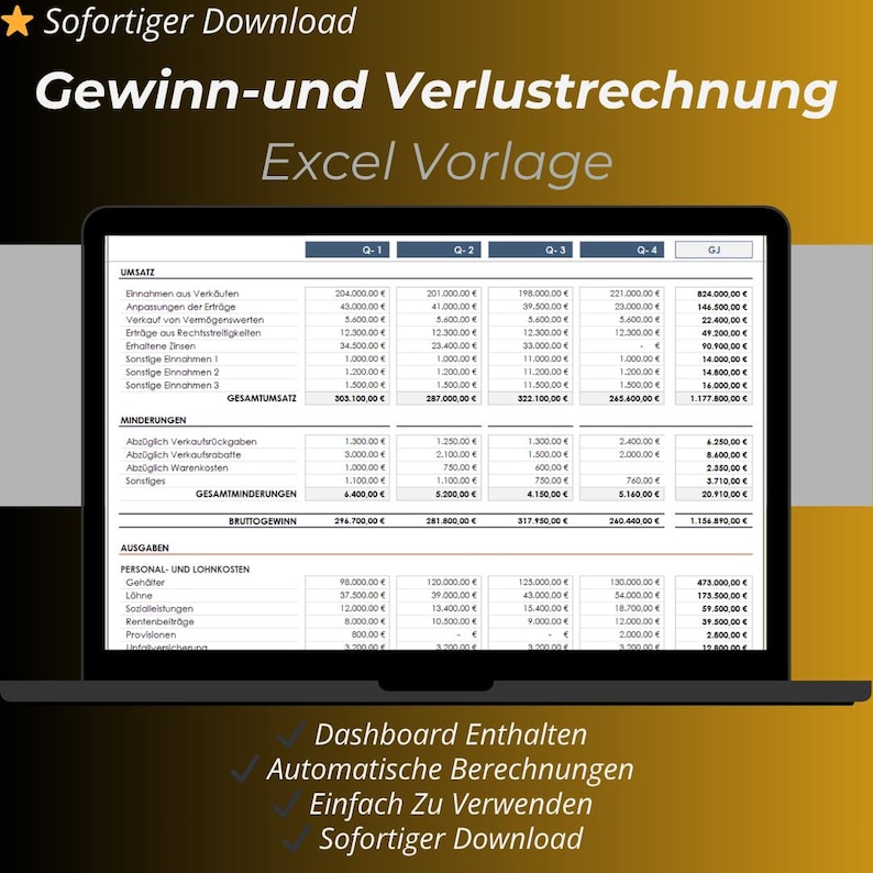 Gewinn- und Verlustrechnung Excel Vorlage Übersicht