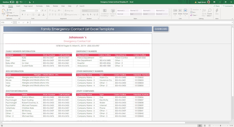 Household emergency contact list Excel spreadsheet