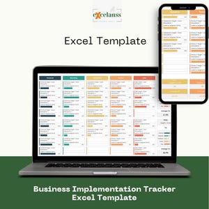 Może przedstawiać: Laptop i smartfon wyświetlają szablon Excel do śledzenia wdrażania biznesu. Ekran laptopa pokazuje szczegółowy arkusz kalkulacyjny z sekcjami oznaczonymi kolorami dla danych finansowych, marketingowych, operacyjnych i sprzedażowych.