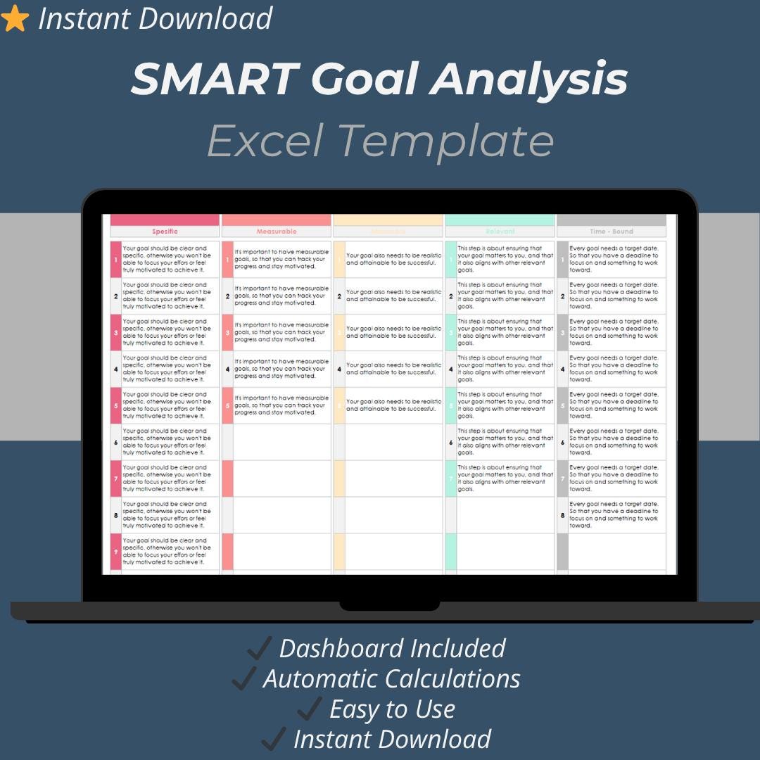 SMART Goal Analysis Excel Template: Printable Personal Planner ...