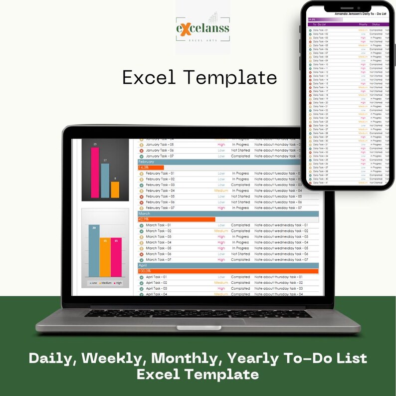 Daily Weekly Monthly Yearly To-do List Excel Template: Excel Planner ...