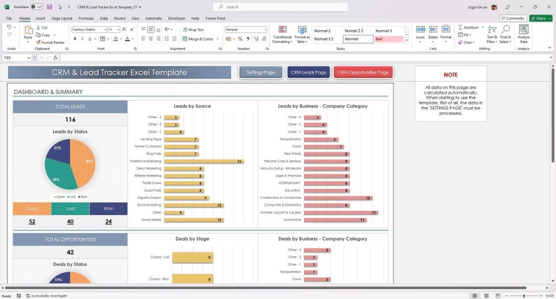 Excel spreadsheet for managing leads and tracking customer relationships