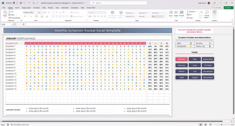 May include: A monthly symptom tracker excel template with a red, white, and blue color scheme. The template has a list of symptoms and a calendar grid for tracking the symptoms. The calendar grid has a row for each symptom and a column for each day of the month. The template also has a section for notes about the month. The text on the template reads: 'Monthly Symptom Tracker Excel Template', 'January Symptom Page', 'Symptom List', 'January Notes', 'Note about this month', 'Symptom Grades and Abbreviations', 'Mild', 'O', 'Moderate', 'M', 'Severe', 'S', 'Follow Up', 'X', 'Pages', 'January', 'February', 'March', 'April', 'May', 'June', 'July', 'August', 'September', 'October', 'November', 'December'.