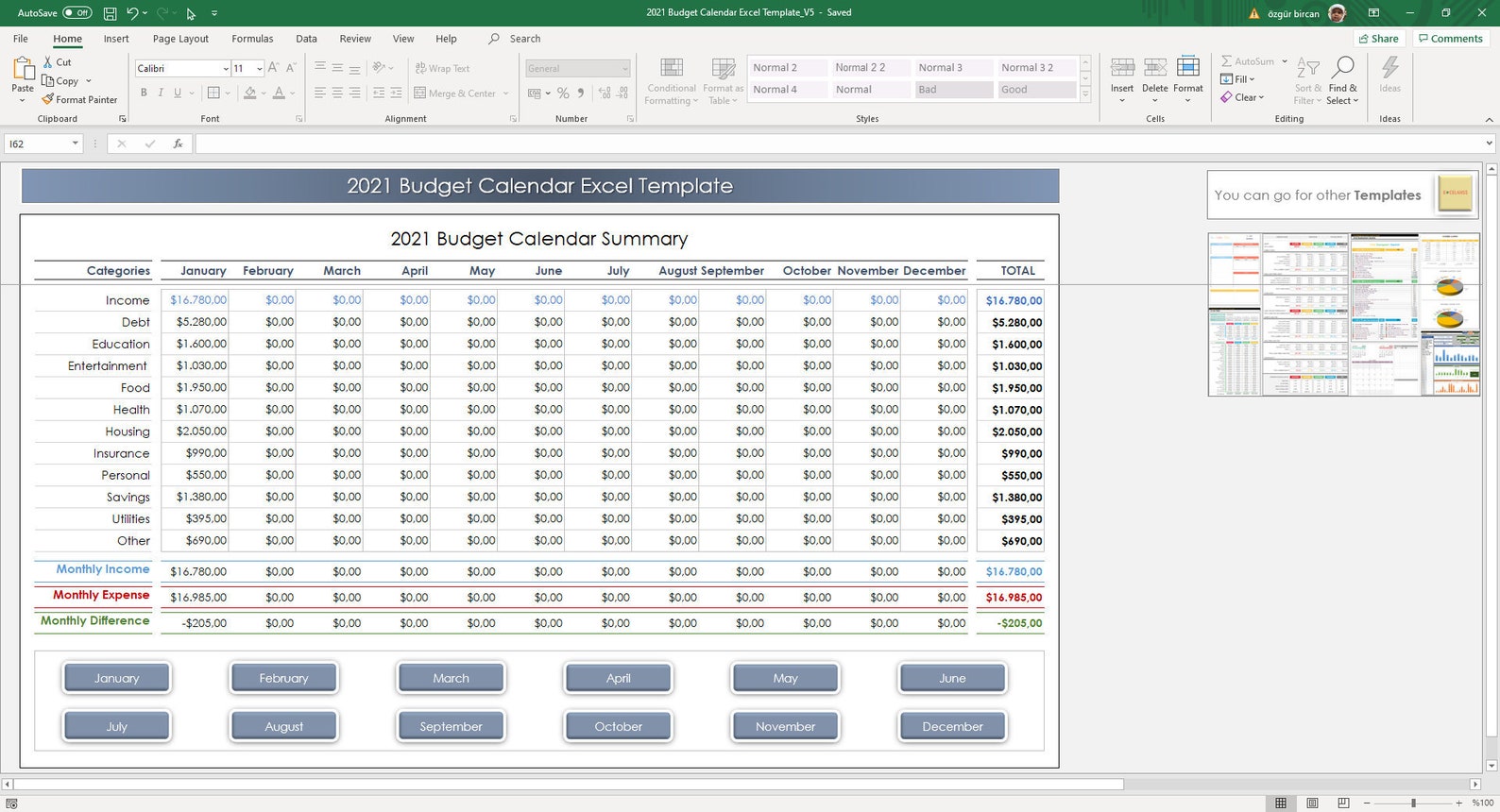 2021 Budget Calendar Excel Template Budget Template Budget Etsy