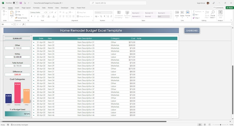 Home Renovation Home Remodel Budget Excel Template Home - Etsy