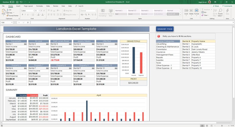 May include: A spreadsheet template for landlords to track income and expenses for multiple rental properties. The spreadsheet includes a dashboard with a summary of income, expenses, and profit for each property, as well as a grand total for all properties. The spreadsheet also includes a summary page with a chart showing income and expenses over time.