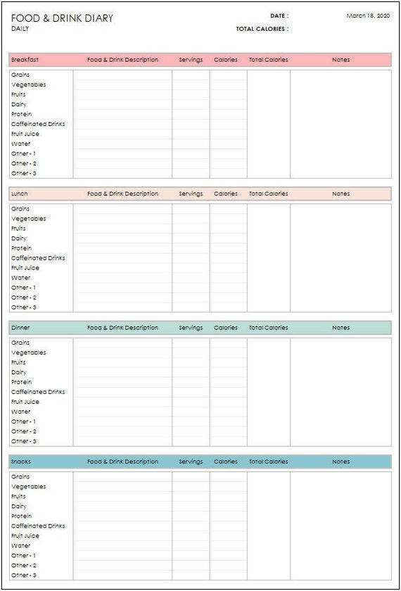 Food Diary Template Excel