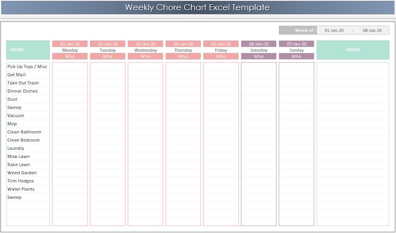 Weekly Chore Chart Excel Template Etsy