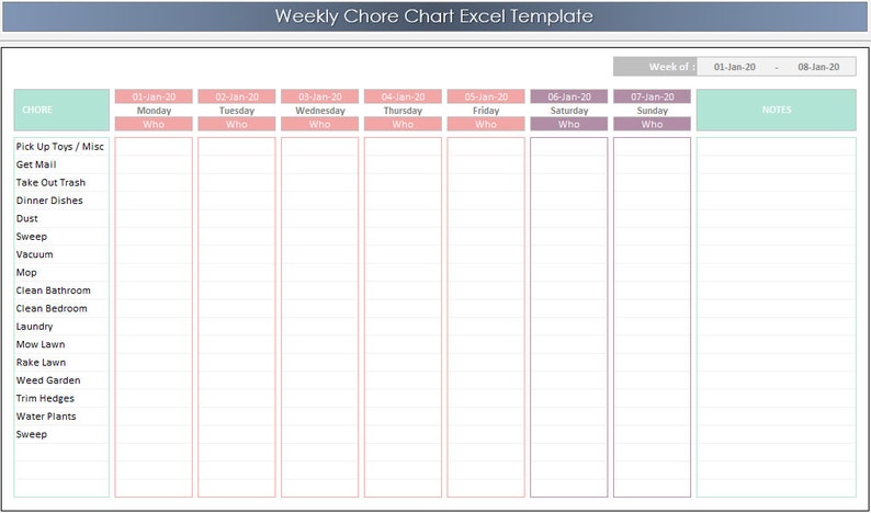 Weekly Chore Chart Excel Template Etsy