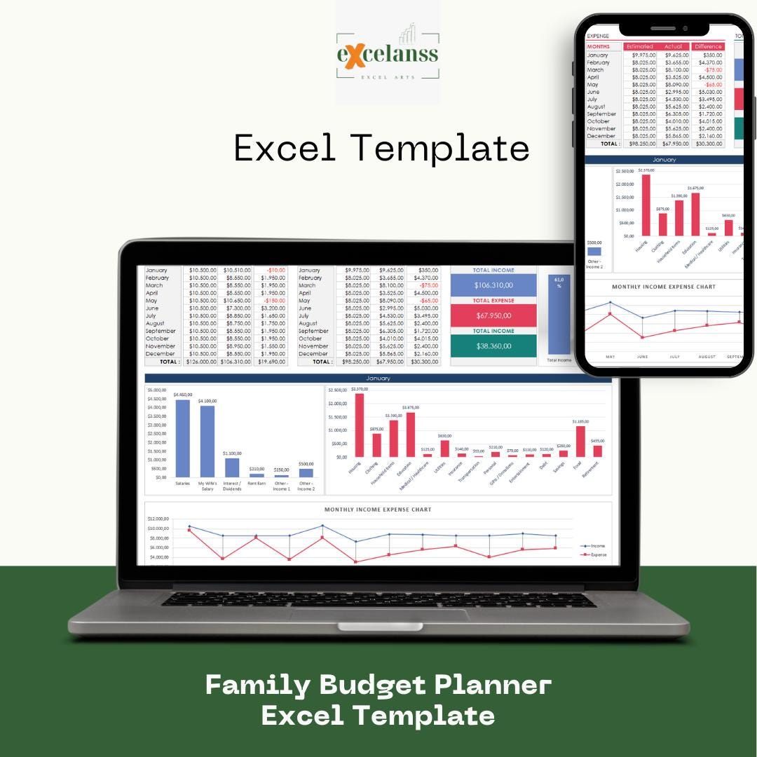 Family Budget Planner Excel Template :12-month Income & Expense Tracker ...
