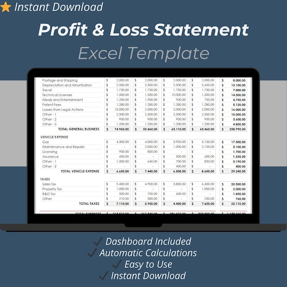 Profit and Loss Statement Excel Template – P&L Spreadsheet for Small Business, Monthly Quarterly Annual Tracker