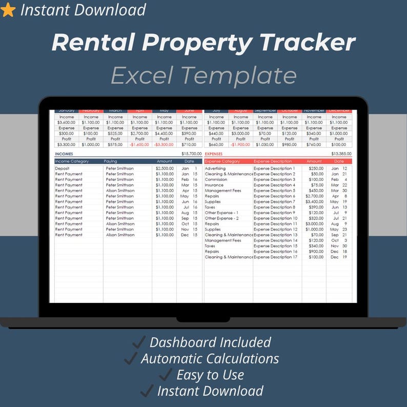 Rental Property Income Expense Tracker Excel Template (Digital Download)
