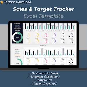 Plantilla de Excel para el seguimiento de ventas y objetivos mensuales: hoja de cálculo con panel de rendimiento de ventas y seguimiento de objetivos de KPI para equipos de ventas de pequeñas empresas.