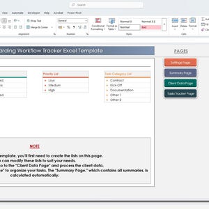 Puede incluir: Captura de pantalla de una plantilla de Excel para el seguimiento del flujo de trabajo de incorporaci&oacute;n de clientes. La interfaz incluye secciones para tipos de servicio, estado, prioridad y categor&iacute;as de tareas. Botones de navegaci&oacute;n a la derecha, instrucciones abajo.
