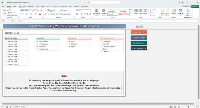 Puede incluir: Captura de pantalla de una plantilla de Excel para el seguimiento del flujo de trabajo de incorporaci&oacute;n de clientes. La interfaz incluye secciones para tipos de servicio, estado, prioridad y categor&iacute;as de tareas. Botones de navegaci&oacute;n a la derecha, instrucciones abajo.