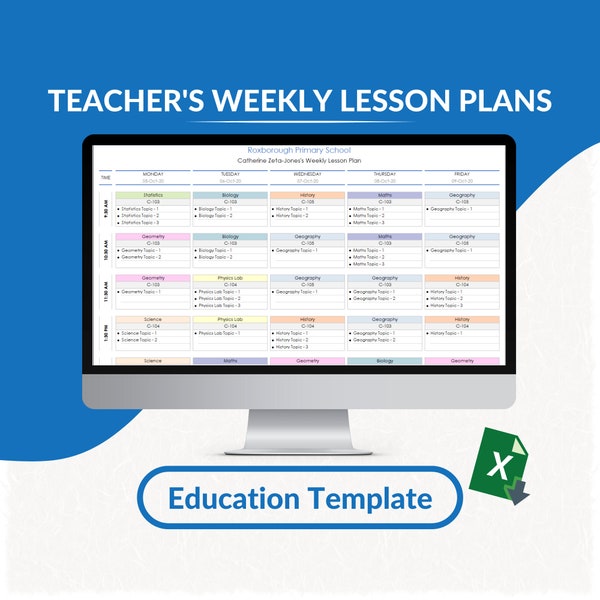 Teacher's Weekly Lesson Plans Excel Template | Educator's Lesson Organizer | Weekly Teaching Planner Excel | Instructor's Curriculum Tracker