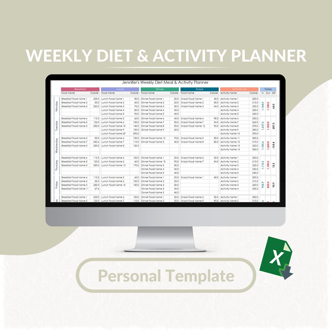 Weekly Diet Meal & Activity Planner Excel Template | Meal Planner ...