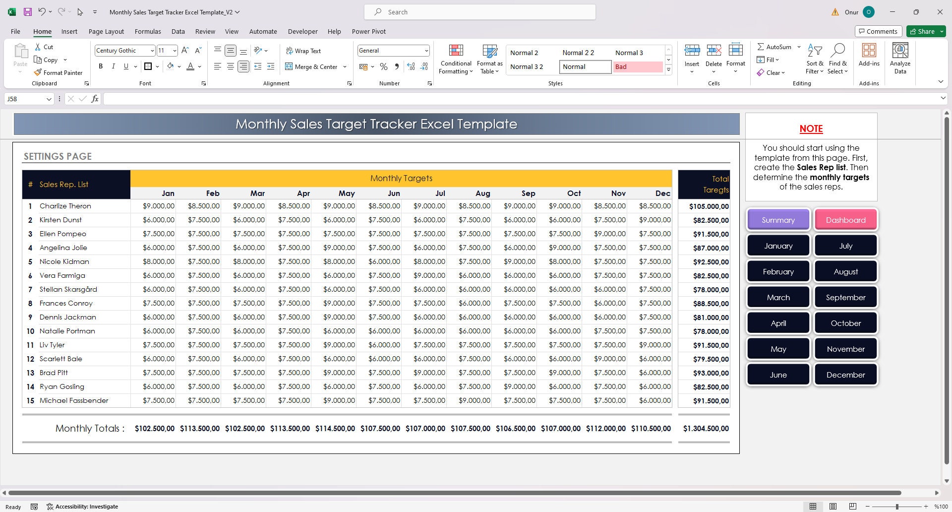 Monthly Sales & Target Tracker Excel Template: 12 Months Performance ...