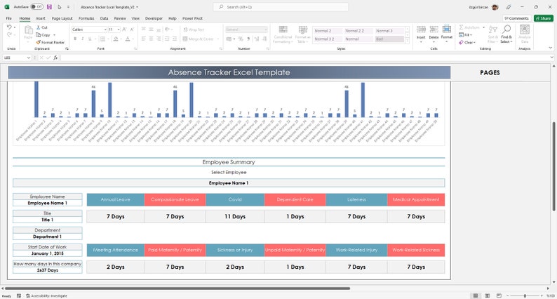 Employee Absence Tracker Excel Template: up to 50 Employees (digital ...